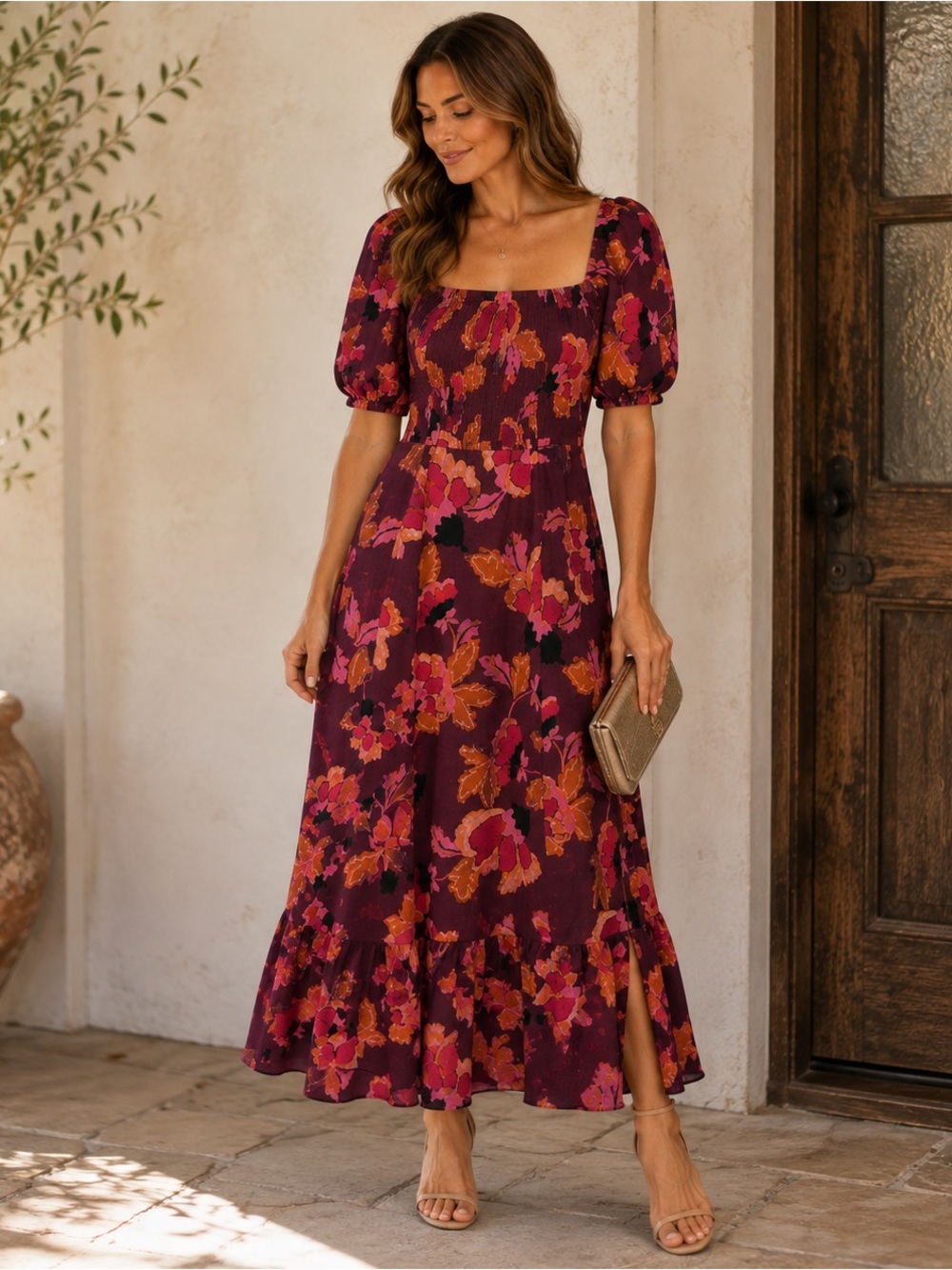 London Times Floral Maxi Dress Puff Sleeve Pleated NWT Size 6